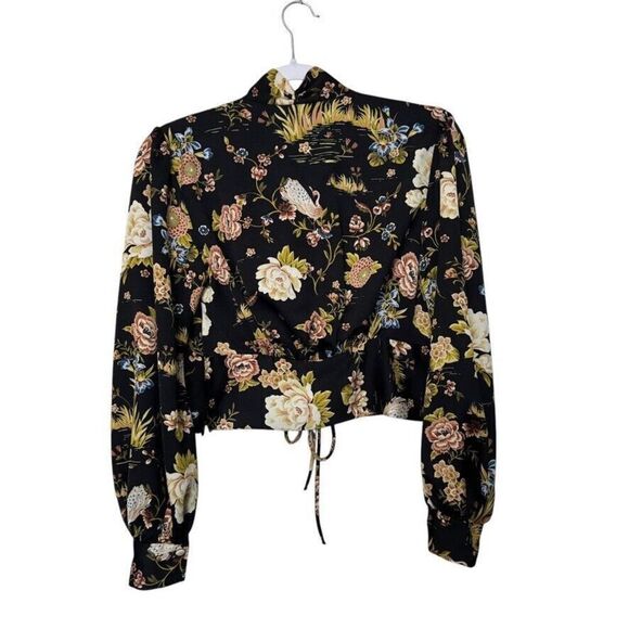 Zara Cinched Floral Crop V Neck Top Women‎ Black S Side Zip Boho Fairy - Picture 2 of 7